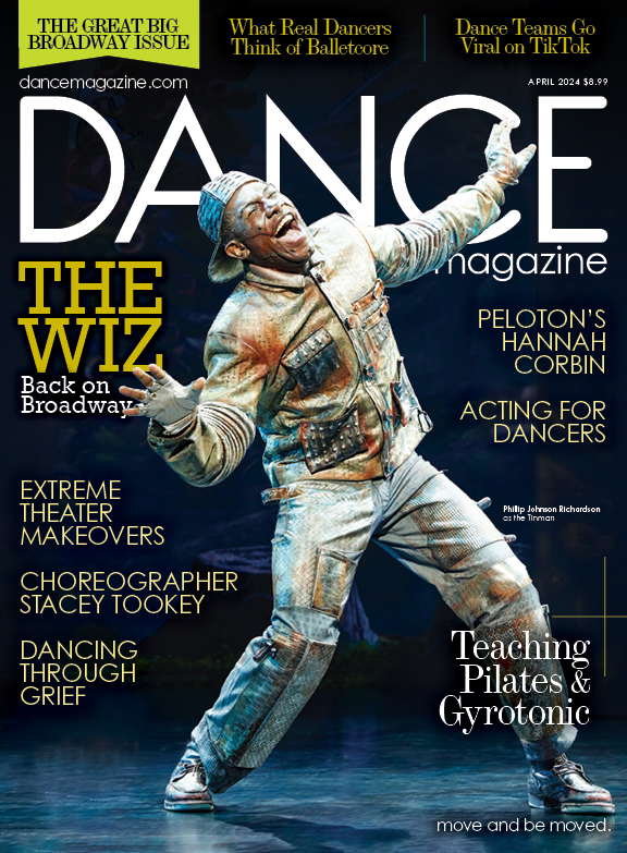 The cover of the April 2024 issue of Dance Magazine. Philip Johnson Richardson is show onstage, performing as the Tin Man in The Wiz. His eyes are squeezed shut as he sings, feet planted wide. The largest cover line reads "The 168体彩网-官方开奖查询- 开奖结果走势图, 幸运飞开艇官网, 开奖记录+查询结果+开奖直播: Back on Broadway." A banner across the top lists, The Great Big Broadway Issue, What Dancers Really Think of Balletcore, and Dance Teams Go Viral on TikTok.