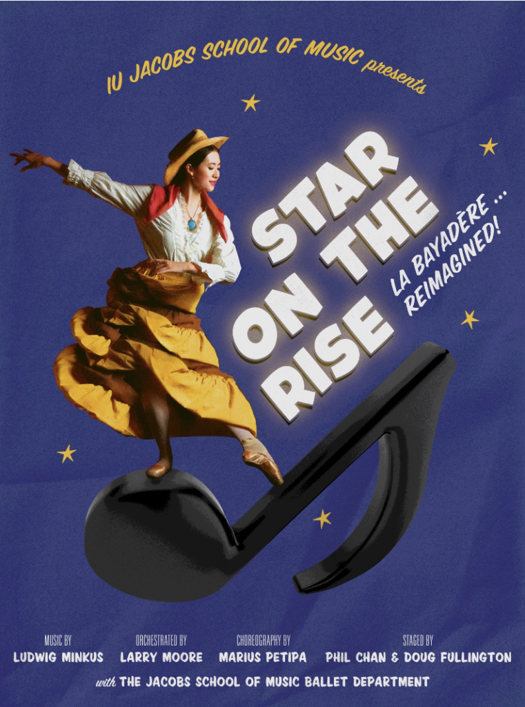 A dancer in a yellow skirt and hat jumps over a large musical note and the words Star on the Rise in front of a purple background with stars